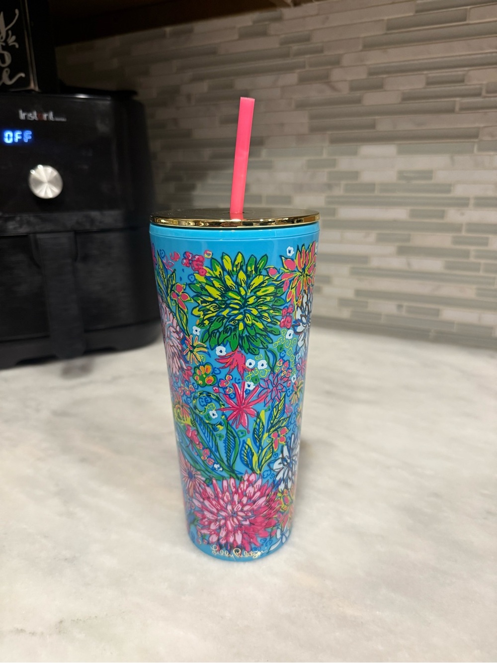 Lilly Pulitzer Blue Floral Stainless Tumbler with Pink Straw
